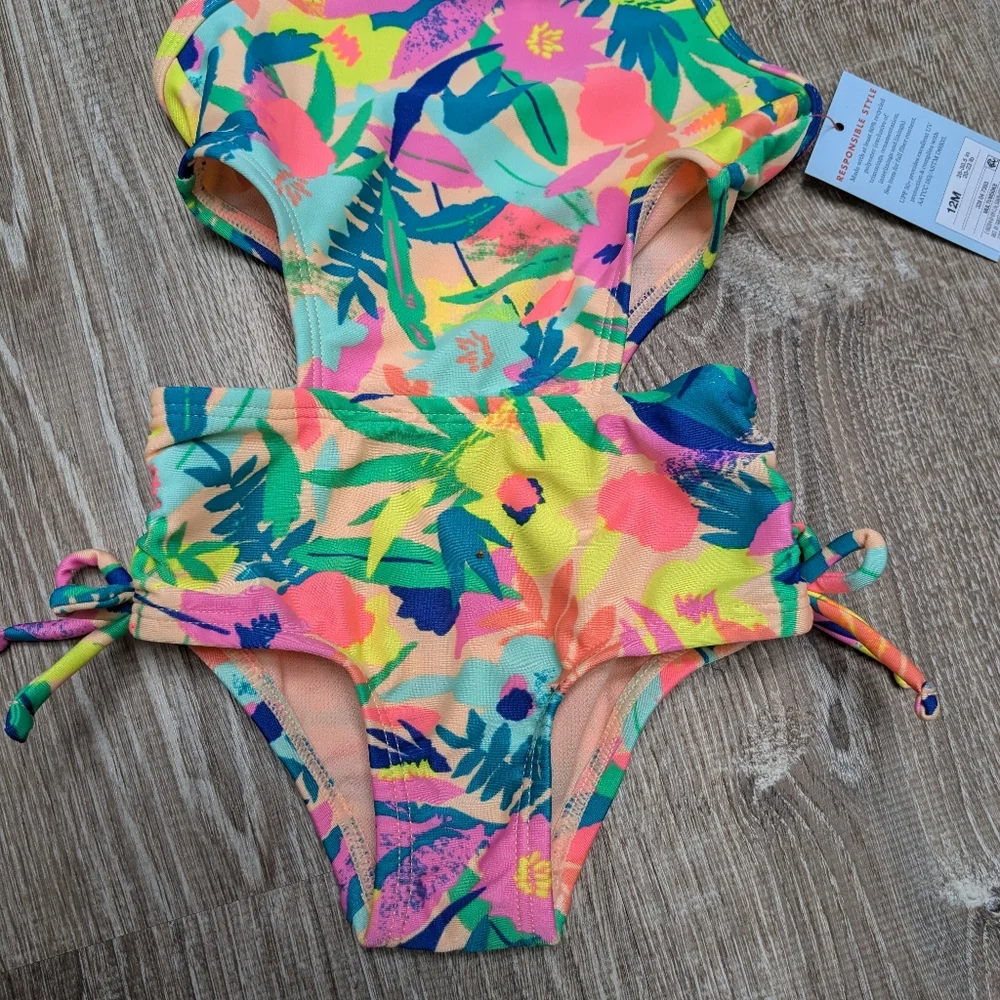 NWT Cat & Jack Tropical Floral Cut Out One Piece Swimsuit Size 12 Months